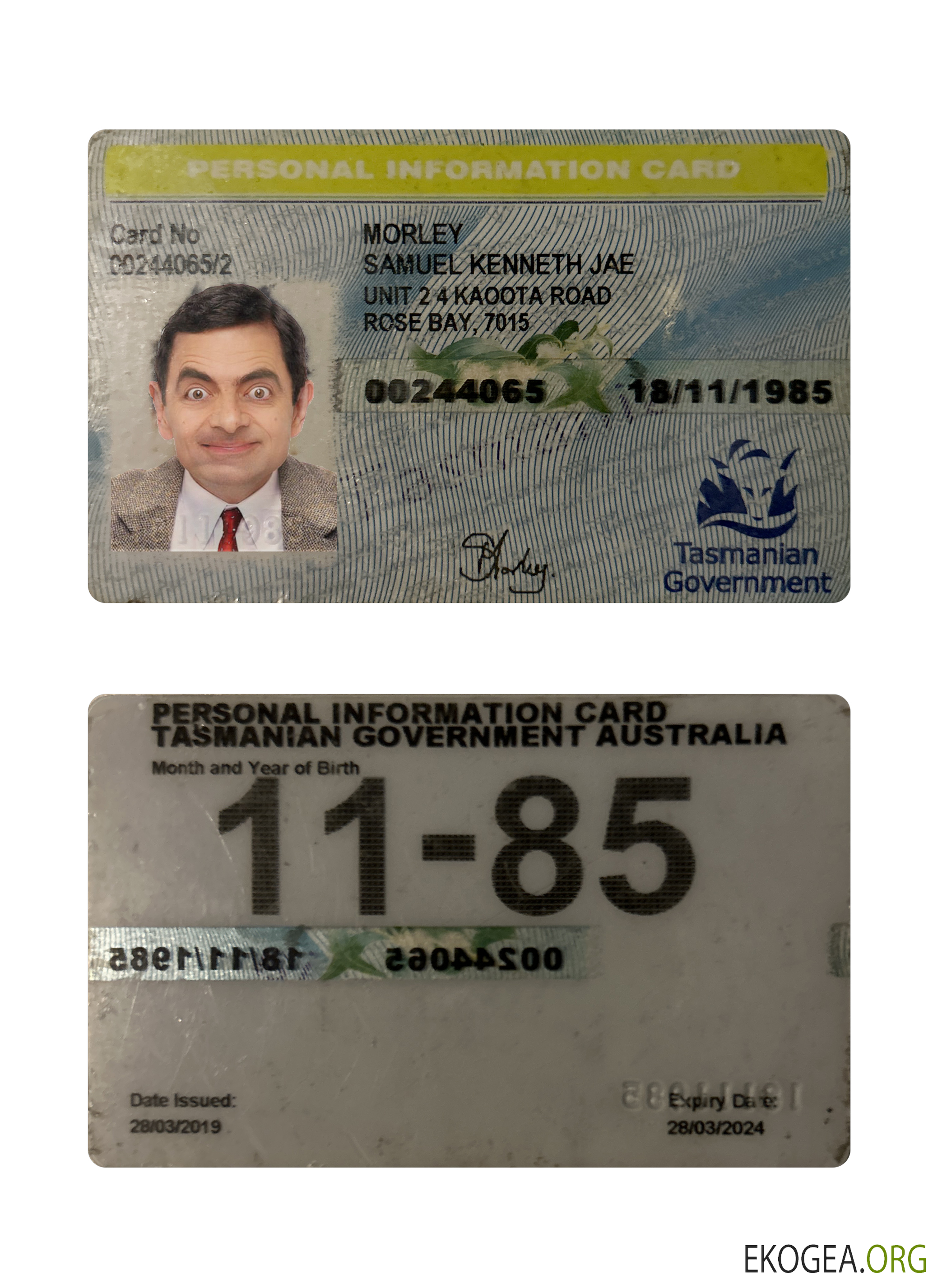 Carte d'informations personnelles Australie Tasmanie